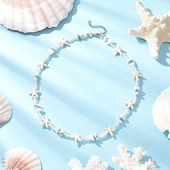 (404) Непрозрачное AB Кислое яблоко Ожерелья из синтетической бирюзы, магнезита и стеклянных бусин в виде морской звезды, с 304 концевыми цепями из нержавеющей стали, цвет нержавеющей стали, цветочный белый, 16.34 дюйм (41.5 см)