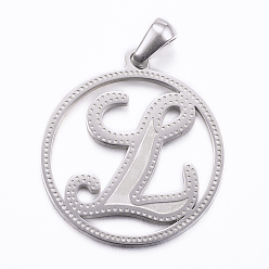 Letter L Non-Tarnish 304 Stainless Steel Pendants, Flat Round with Letter, Stainless Steel Color, Letter.L, 28x25x1.2mm, Hole: 6x3.5mm