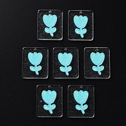 Cyan Cellulose Acetate(Resin) Pendants, with Glitter Powder, Rectangle with tulip, Cyan, 24.5x19.5~20x4~4.5mm, Hole: 1.4mm