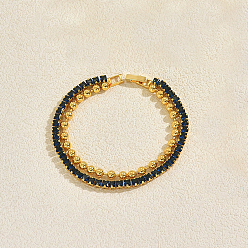 Королевский синий Элегантные теннисные браслеты из латуни с микропаве из кубического циркония, Двухслойные браслеты из шариковой цепочки для женщин, квадратный и круглый, золотые, королевский синий, 7.48 дюйм (19 см)