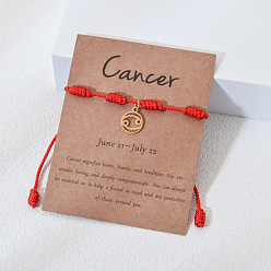 Рак 12 созвездия 304 плоские круглые браслеты из нержавеющей стали с подвесками, регулируемые браслеты из нейлонового шнура для мужчин и женщин, золотые, рак, периметр: 7-1/8~9-1/8 дюйм (18~23 см)