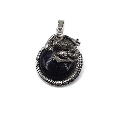 Blue Goldstone Synthetic Blue Goldstone Pendants, with Antique Silver Alloy Finding, Flat Round with Skull Charms, 40x35mm