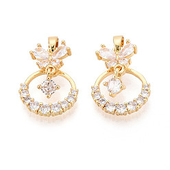 Настоящее золото 18K Латунные микро проложить кубического циркония подвески, без кадмия, без никеля и без свинца, бабочки и плоские круглые, реальный 18 k позолоченный, 18.5x14.5x5.5 мм, отверстие : 5x2.5 мм