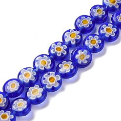 Средно-синий Handmade millefiori lampwork beads strands, плоско-круглые, светло-синий, 8x3 мм, отверстие : 0.7 мм, около 47 шт / нитка, 14.29'' (36.3 см)
