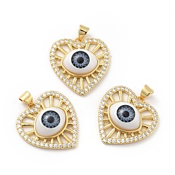 Светлый Стально-синий Сердце с глазом латунные подвески из прозрачного кубического циркония с микропаве, с полимерным глазным яблоком, без кадмия, без никеля и без свинца, реальный 18 k позолоченный, светло-стальной синий, 23.5x23x6.5 мм, отверстие : 3.5x4.7 мм