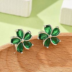 Зеленый Цветочные латунные серьги-гвоздики с кубическим цирконием для женщин, без кадмия и без свинца, долговечный, стойки покрытие, золотые, зелёные, 11.5x11.5 мм