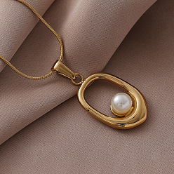 Золотой 316 Ожерелья с овальными подвесками из хирургической нержавеющей стали с искусственным жемчугом для женщин, белые, золотые, 15.75 дюйм (40 см)