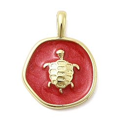 Красный Латунь эмаль подвески, плоские круглые с черепахой, стойки покрытие, долговечный, без кадмия и без свинца, реальный 18 k позолоченный, с блеском порошок, красные, 18.5x13.5x2.5 мм, отверстие : 4x2 мм