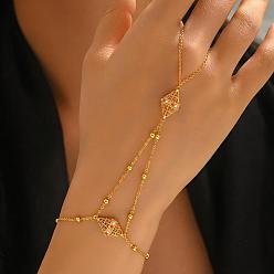 Colorful Brass and Imitation Pearl Rhombus Hand Chain Ring Bracelets for Wedding and Formal Occasions, Golden, Colorful, 8.27 inch(21cm)