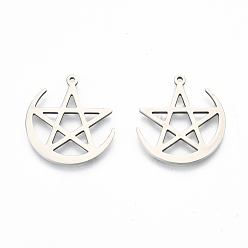 Нержавеющая Сталь Цвет Не тускнеющие 201 подвески из нержавеющей стали, Луна и звезды, цвет нержавеющей стали, 26.5x25x1.5 мм, отверстие : 1.4 мм
