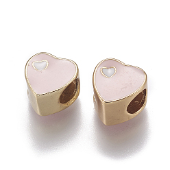 Pink Messing Emaille europäischen Perlen, Großloch perlen, langlebig überzogen, Herz, golden, rosa, 10x10x7 mm, Bohrung: 5 mm
