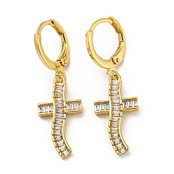 Clear Golden Brass Dangle Leverback Earrings, with Glass, Cross, Clear, 33.5x10mm