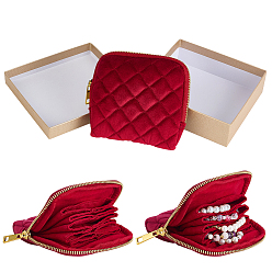 Dark Red Rhombus Textured Velvet Jewelry Storage Zipper Pouches for Earrings Rings Bracelets Necklaces, Square, Dark Red, 12x12x2.8cm
