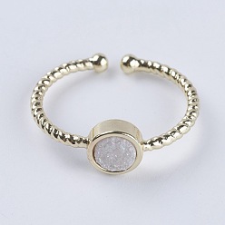 Rainbow Plated Adjustable Natural Druzy Agate Cuff Finger Rings, with Brass Findings, Flat Round, Size 7, Light Gold, Rainbow Plated, 17mm