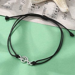 Черный Корейский воском полиэстер шнур регулируемые браслеты, сплав музыкальные ноты звенья браслеты для женщин мужчин, чёрные, внутренний диаметр: 3-3/8 дюйм (8.5 см)