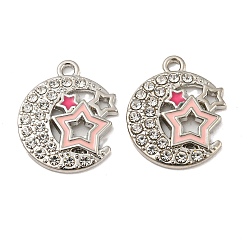 Platinum Alloy Enamel Pendants, with Rhinestone, Long-Lasting Plated, Moon with Star Charm, Platinum, 19.5x16x2mm, Hole: 1.6mm