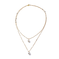 Golden Brass Link Chain Double Layer Necklaces, Round Shell Pearl Pendant Necklaces for Women, Golden, 16.14 inch(41cm)