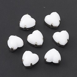White Heart Sew On Rhinestones, Smooth Face Taiwan Acrylic Rhinestone, Multi-Strand Links, with Platinum Tone Brass Prong Settings, White, 10x10x7mm, Hole: 1mm