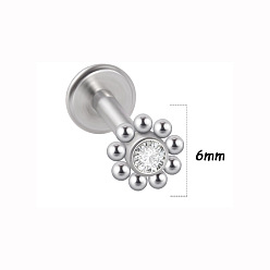 Нержавеющая Сталь Цвет 316l хирургическая нержавеющая сталь и g23 титан и хрустальные стразы цветы серьги хрящ, лабреты с внутренней резьбой, цвет нержавеющей стали, 8 мм, штифты : 1.2 мм, Кулон : 6 мм