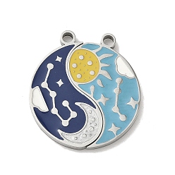 Нержавеющая Сталь Цвет 304 подвески из нержавеющей стали, плоский круг с солнцем/луной, с эмалью, сплит подвески, цвет нержавеющей стали, 22.5x20x1.5 мм, отверстие : 1.8 мм
