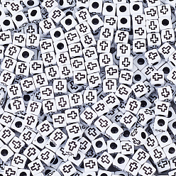 White 1000Pcs Craft Style Acrylic Beads, Cube with Cross, White, 6x6x6mm, Hole: 3mm