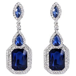 Полуночно-синий Латунные горный хрусталь болтаться серьги, со стеклом, прямоугольные, цвет нержавеющей стали, темно-синий, 60x23 мм