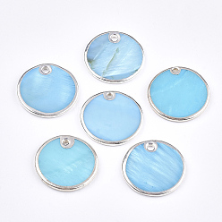 Cyan Freshwater Shell Pendants, Dyed, Flat Round, Cyan, 25x2mm, Hole: 1.8~2.5mm