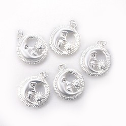Посеребрённый Латунные подвески, с микро проложить кубического циркония, долговечный, плоский круг с луной и солнцем, прозрачные, 925 серебро покрытием, 23x19.5x5 мм, отверстие : 3 мм
