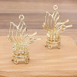 Golden Hollowe Alloy Chandelier Componement Links, Bird Cage Shape with Butterfly, Golden, 50x35mm