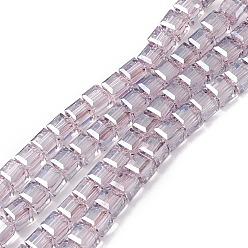 Plum Transparent Electroplate Glass Beads Strands, Faceted, Cube, Pearl Luster Plated, Plum, 7x7x7mm, Hole: 1.2mm, about 95~98pcs/strand, 26.37~27.16 inch(67~69cm)