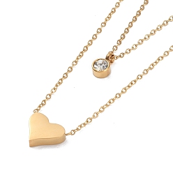Real 18K Gold Plated Ion Plating(IP) 304 Stainless Steel Cable Necklaces, Heart & Flat Round with Rhinestone Pendant Necklaces for Women, Real 18K Gold Plated, 15.94 inch(40.5cm)