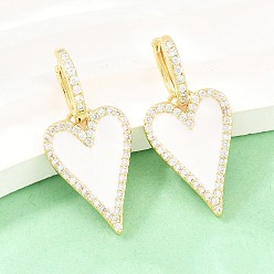 Белый Серьги-кольца в форме сердца из латуни с микропаве и прозрачными кубическими циркониями ко Дню святого Валентина, с эмалью, без кадмия и без свинца, долговечный, стойки покрытие, реальный 18 k позолоченный, белые, 34x16 мм