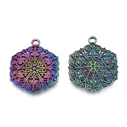 Rainbow Color Placage ionique (ip) 201 pendentifs en acier inoxydable, hexagone avec des fleurs, couleur arc en ciel, 28.5x23x2.5mm, Trou: 2mm
