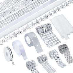 Silbern Silberfarbig Sternband aus Polyester, mit Satinband, Strasssteine aus Kunststoff, Glitzer-Metallband, für Hochzeitsfeierdekoration Geschenkverpackung, Silbern Silberfarbig, 1/2~3-3/4 Zoll (14~95 mm)