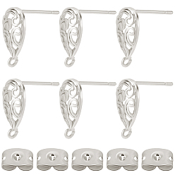 Real Platinum Plated 20PCS Brass Stud Earring Findings, with Loop, Teardrop, Nickel Free, with 20Pcs Brass Friction Ear Nuts, Real Platinum Plated, 13x7.5mm, Hole: 1mm, Pin: 0.8mm