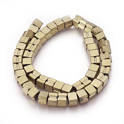 Light Gold Plated Electroplated Non-magnetic Synthetic Hematite Beads Strands, Frosted, Cube, Light Gold Plated, 8x7x8mm, Hole: 1.2mm, about 55pcs/strand, 15.94 inch(40.5cm)