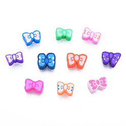 Mixed Color Handmade Polymer Clay Beads, Bowknot, Mixed Color, 6.5~9.5x9.5~12x4~5mm, Hole: 1.5mm