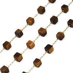 Тигровый глаз Ручная работа 304 бусины из нержавеющей стали с тигровым глазом кубические звенья цепи, долговечный, пайки, с катушкой, ионное покрытие (ip), реальный 18 k позолоченный, 4.5x4.5x4.5 мм