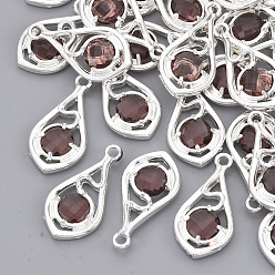 Brown Faceted Glass Pendants, with Eco-Friendly Alloy Open Back Settings, Nickel Free, Teardrop, Silver Color Plated, Brown, 21x11x3.5mm, Hole: 1.6mm