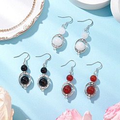 Античное Серебро 3пара подвесных сережек из натурального черного оникса, натурального сердолика и натурального белого нефрита, с  латунными крючками для серег, круглые, античное серебро, 48x15 мм