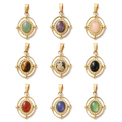 Смешанные камни Природные каменные смешанные подвески, 304 из нержавеющей стали овальные амулеты, ионное покрытие (ip), золотые, смешанные окрашенные и неокрашенные, 21x16.5x5~5.5 мм, отверстие : 5.5x3 мм