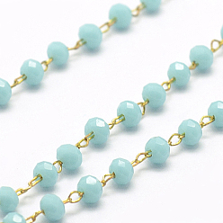 Голубой Ручной цепи стекло бисером, пайки, с катушкой, с необработанной (без покрытия) латунной фурнитурой, без никеля , граненые, рондель, голубой, 2.5~3 мм, около 32.8 футов (10 м) / рулон