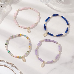 (52) Непрозрачная лаванда 304 из нержавеющей стали шарм браслеты, Браслеты-рондели из натурального культивированного пресноводного жемчуга и окрашенного белого нефрита для женщин, овальные с рисунками " virgin mary", разноцветные, внутренний диаметр: 2.36 дюйм (6 см)