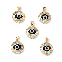 Black Real 18K Gold Plated Brass Clear Cubic Zirconia Pendants, Flat Round with Lampwork Evil Eye Charms, Lead Free & Cadmium free, Black, 19x16.5x5mm, Hole: 4mm