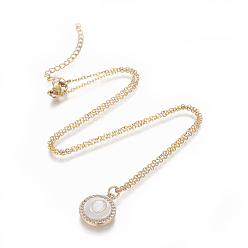 Letter O Brass Initial Pendant Necklaces, with Shell, Cubic Zirconia and 304 Stainless Steel Cable Chains, Flat Round with Letter, Letter.O, 17.5 inch(44.5cm), 1.5mm