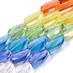 Mixed Color Electroplate Transparent Glass Beads Strands, Twist, Faceted, Mixed Color, 13.5~14x8~8.5x5~6.5mm, Hole: 1~1.4mm, about 28~30pcs/strand, 15.55~16.54 inch(39.5~42cm)
