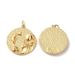 Golden Gestellmessinganhänger, mit Sprungring, Bleifrei und cadmium frei, langlebig überzogen, flach rund mit Wellen- und Delfin-Charm, golden, 23x20.5x3.5 mm, Bohrung: 3.5 mm