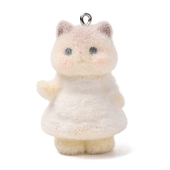 Cat Shape Подвески из непрозрачной смолы с меховой отделкой на тему животных, с платиновыми тоновыми железными петлями, навахо белый, очарование в форме кошки, 39x24x22 мм, отверстие : 2 мм