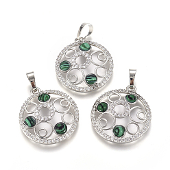 Malachite Synthetic Malachite Pendants, with Platinum Tone Brass Findings and Crystal Rhinestone, Flat Round, 29x25.5x4.5mm, Hole: 4.5x8mm