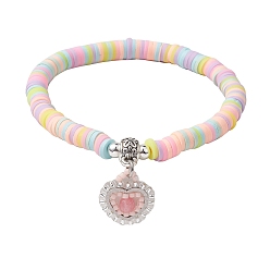 Розовый Браслеты с подвесками в форме сердца из натуральных драгоценных камней и бисера миюки, Браслеты стрейч из полимерной глины в виде дисков из бисера, туманная роза, внутренний диаметр: 2 дюйм (5.1 см)